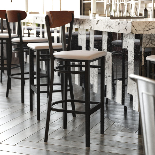 Walnut Wood Back/Gray Vinyl Seat |#| Commercial Metal Barstool with Vinyl Seat and Wood Boomerang Back-Gray/Walnut