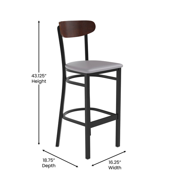 Walnut Wood Back/Gray Vinyl Seat |#| Commercial Metal Barstool with Vinyl Seat and Wood Boomerang Back-Gray/Walnut