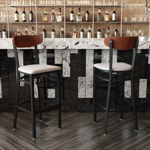 Walnut Wood Back/Gray Vinyl Seat |#| Commercial Metal Barstool with Vinyl Seat and Wood Boomerang Back-Gray/Walnut