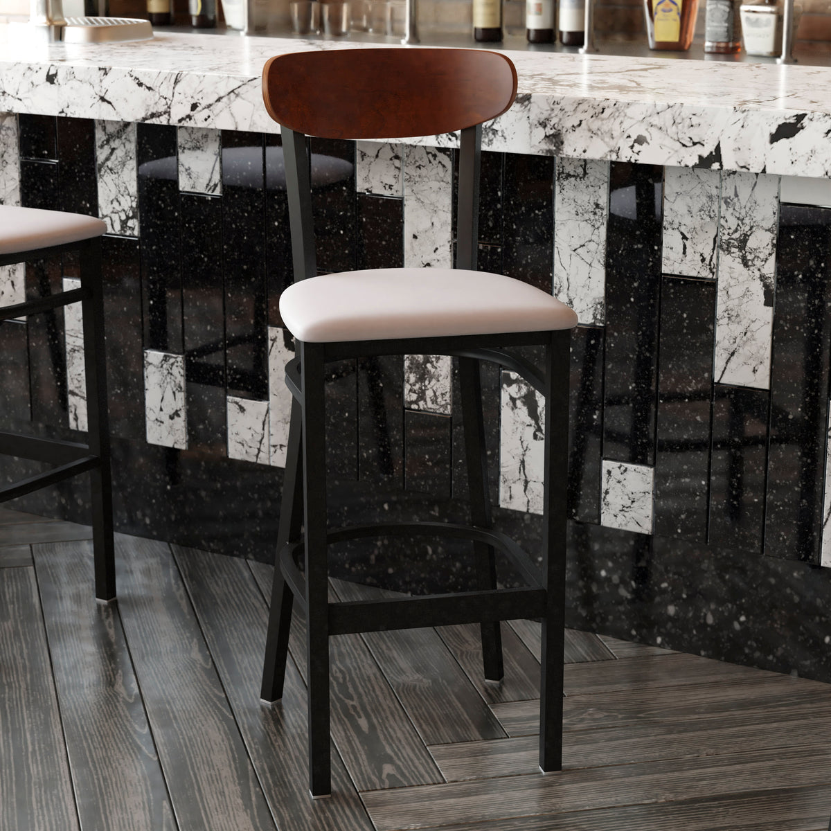 Walnut Wood Back/Gray Vinyl Seat |#| Commercial Metal Barstool with Vinyl Seat and Wood Boomerang Back-Gray/Walnut