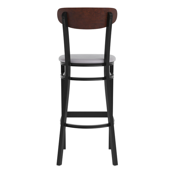 Walnut Wood Back/Gray Vinyl Seat |#| Commercial Metal Barstool with Vinyl Seat and Wood Boomerang Back-Gray/Walnut