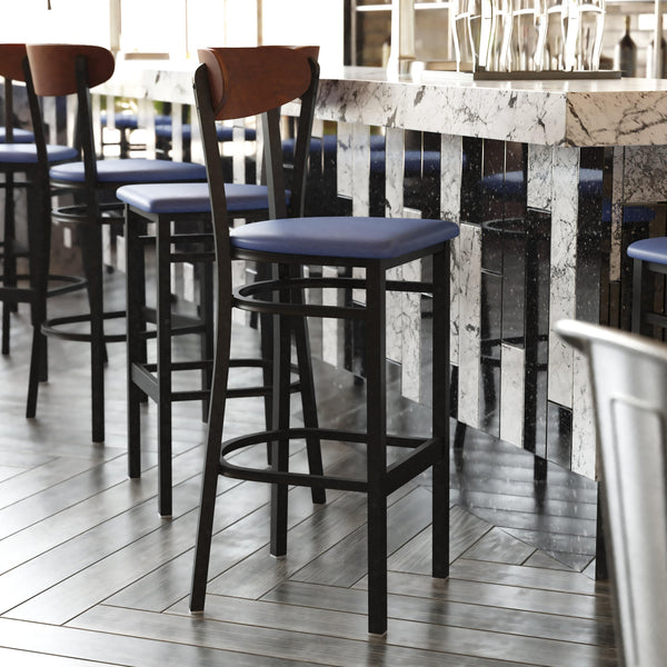 Walnut Wood Back/Blue Vinyl Seat |#| Commercial Metal Barstool with Vinyl Seat and Wood Boomerang Back-Blue/Walnut