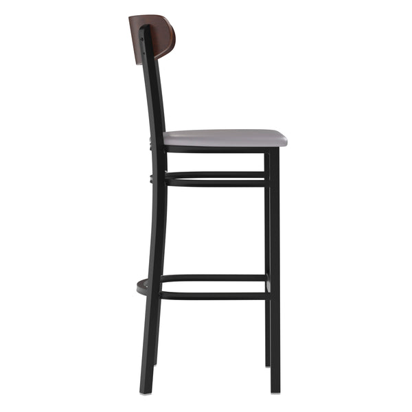 Walnut Wood Back/Gray Vinyl Seat |#| Commercial Metal Barstool with Vinyl Seat and Wood Boomerang Back-Gray/Walnut
