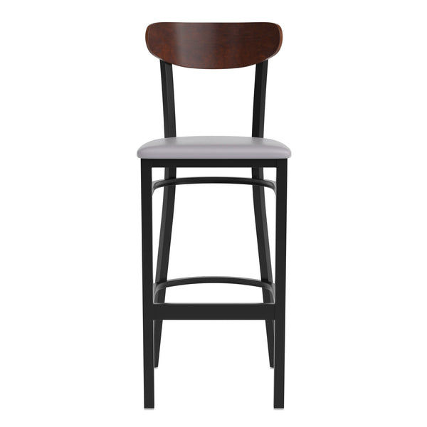 Walnut Wood Back/Gray Vinyl Seat |#| Commercial Metal Barstool with Vinyl Seat and Wood Boomerang Back-Gray/Walnut