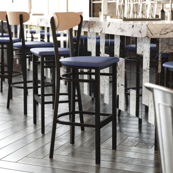 Natural Birch Wood Back/Blue Vinyl Seat |#| Commercial Metal Barstool with Vinyl Seat and Wood Boomerang Back-Blue/Natural
