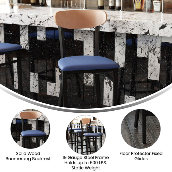 Natural Birch Wood Back/Blue Vinyl Seat |#| Commercial Metal Barstool with Vinyl Seat and Wood Boomerang Back-Blue/Natural