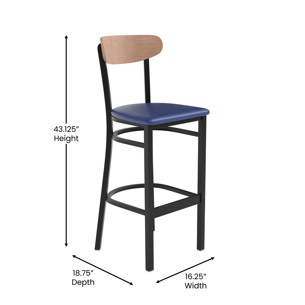 Natural Birch Wood Back/Blue Vinyl Seat |#| Commercial Metal Barstool with Vinyl Seat and Wood Boomerang Back-Blue/Natural