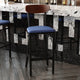 Walnut Wood Back/Blue Vinyl Seat |#| Commercial Metal Barstool with Vinyl Seat and Wood Boomerang Back-Blue/Walnut