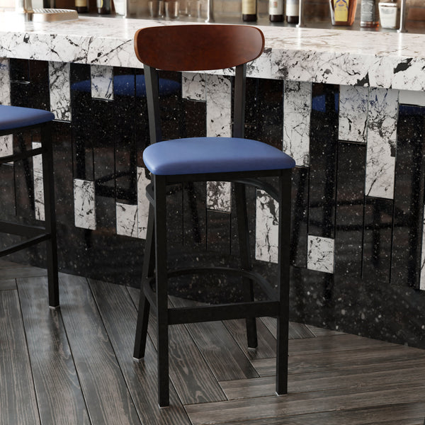 Walnut Wood Back/Blue Vinyl Seat |#| Commercial Metal Barstool with Vinyl Seat and Wood Boomerang Back-Blue/Walnut