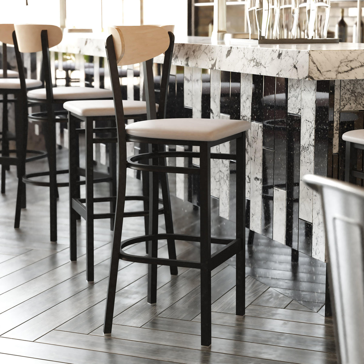 Natural Birch Wood Back/Gray Vinyl Seat |#| Commercial Metal Barstool with Vinyl Seat and Wood Boomerang Back-Gray/Natural