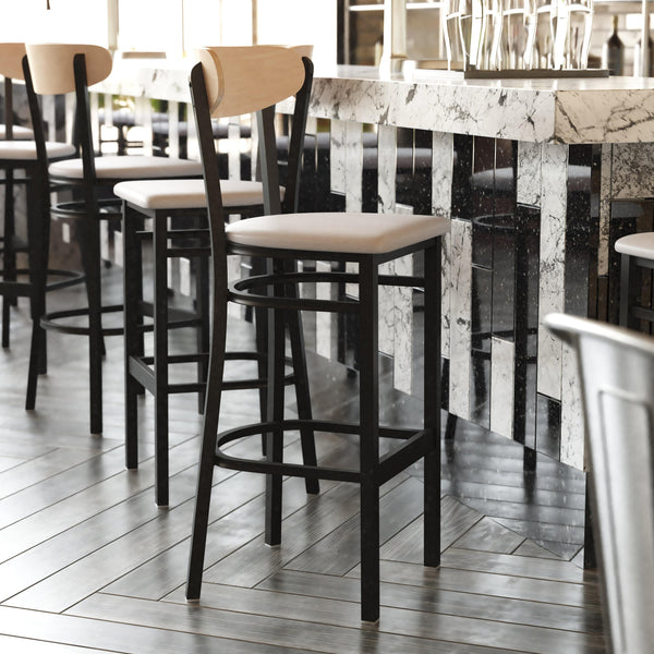 Natural Birch Wood Back/Gray Vinyl Seat |#| Commercial Metal Barstool with Vinyl Seat and Wood Boomerang Back-Gray/Natural