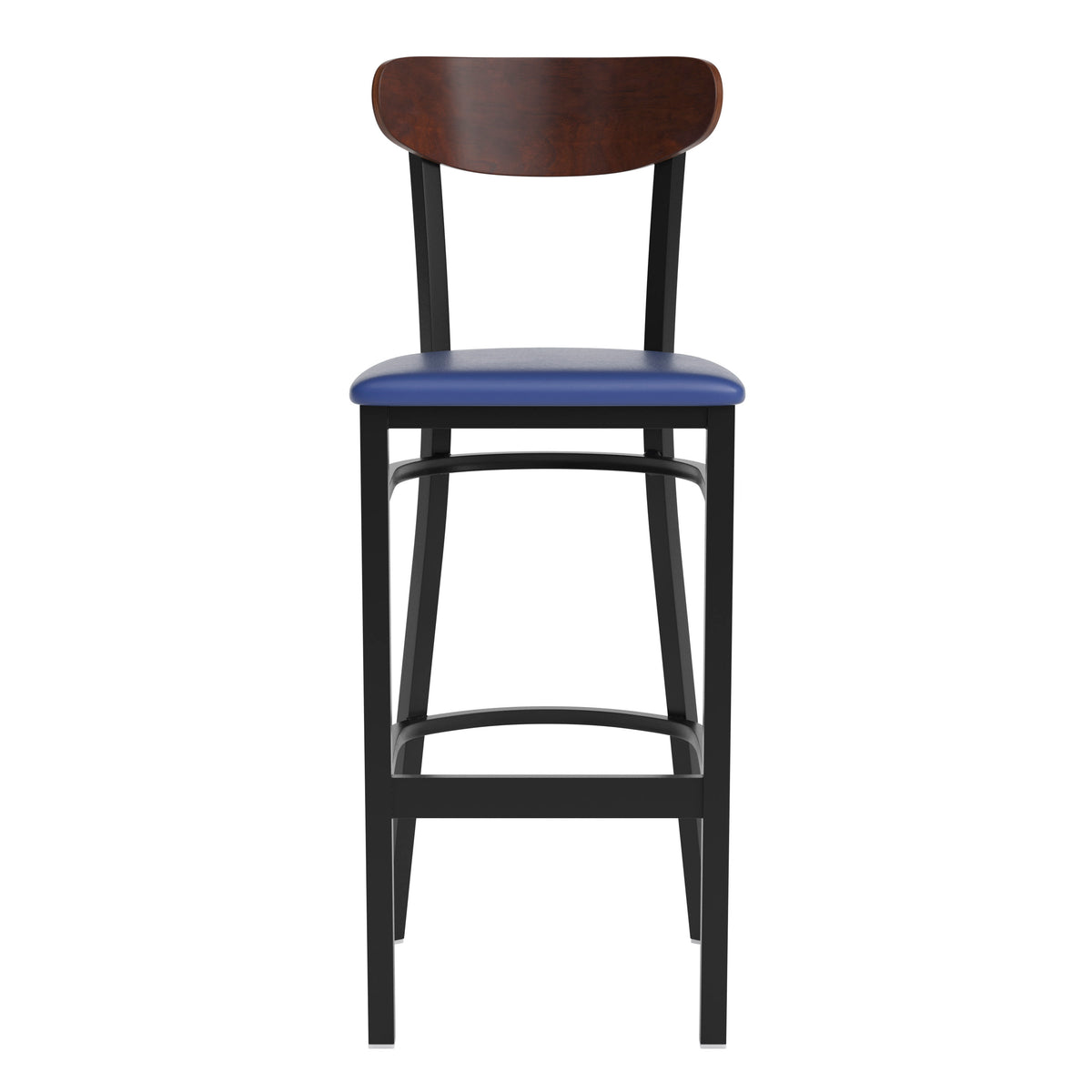 Walnut Wood Back/Blue Vinyl Seat |#| Commercial Metal Barstool with Vinyl Seat and Wood Boomerang Back-Blue/Walnut
