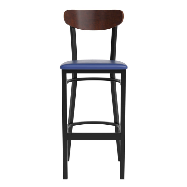 Walnut Wood Back/Blue Vinyl Seat |#| Commercial Metal Barstool with Vinyl Seat and Wood Boomerang Back-Blue/Walnut