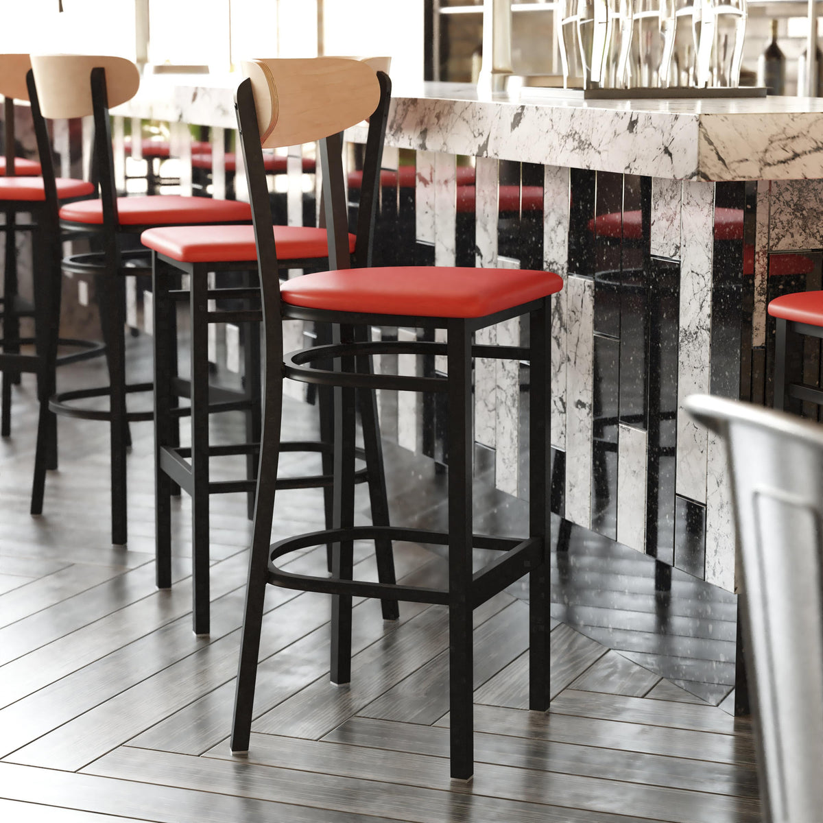 Natural Birch Wood Back/Red Vinyl Seat |#| Commercial Metal Barstool with Vinyl Seat and Wood Boomerang Back-Red/Natural