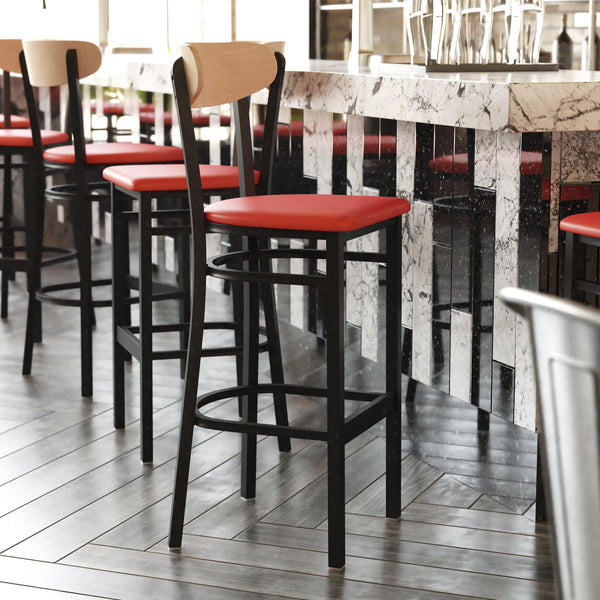 Natural Birch Wood Back/Red Vinyl Seat |#| Commercial Metal Barstool with Vinyl Seat and Wood Boomerang Back-Red/Natural