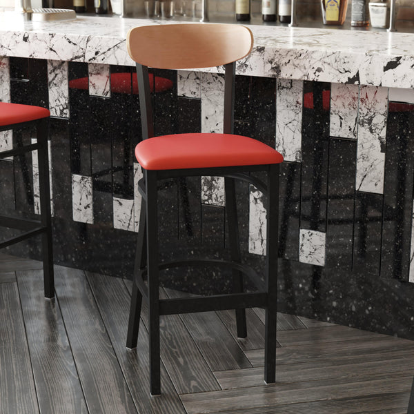 Natural Birch Wood Back/Red Vinyl Seat |#| Commercial Metal Barstool with Vinyl Seat and Wood Boomerang Back-Red/Natural