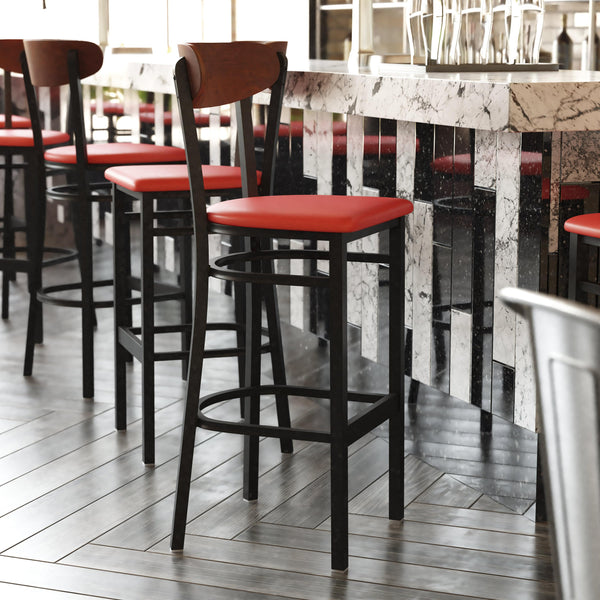 Walnut Wood Back/Red Vinyl Seat |#| Commercial Metal Barstool with Vinyl Seat and Wood Boomerang Back-Red/Walnut