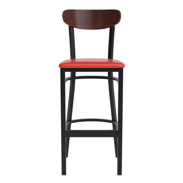 Walnut Wood Back/Red Vinyl Seat |#| Commercial Metal Barstool with Vinyl Seat and Wood Boomerang Back-Red/Walnut