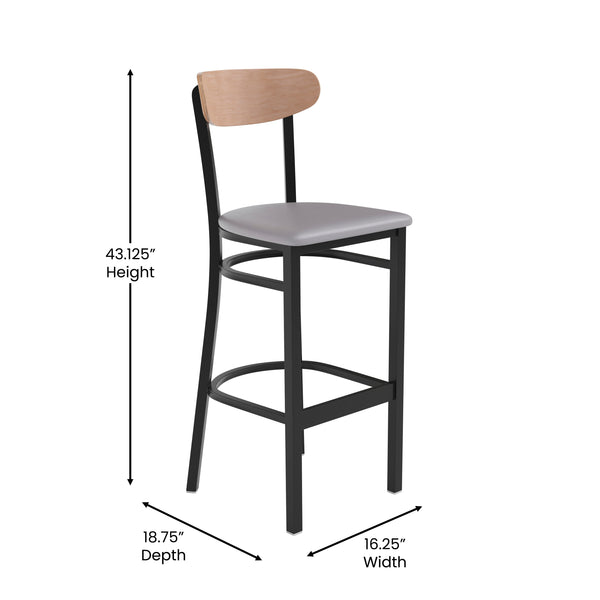 Natural Birch Wood Back/Gray Vinyl Seat |#| Commercial Metal Barstool with Vinyl Seat and Wood Boomerang Back-Gray/Natural