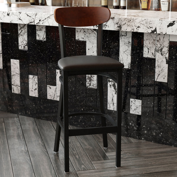 Walnut Wood Back/Black Vinyl Seat |#| Commercial Metal Barstool with Vinyl Seat and Wood Boomerang Back-Black/Walnut