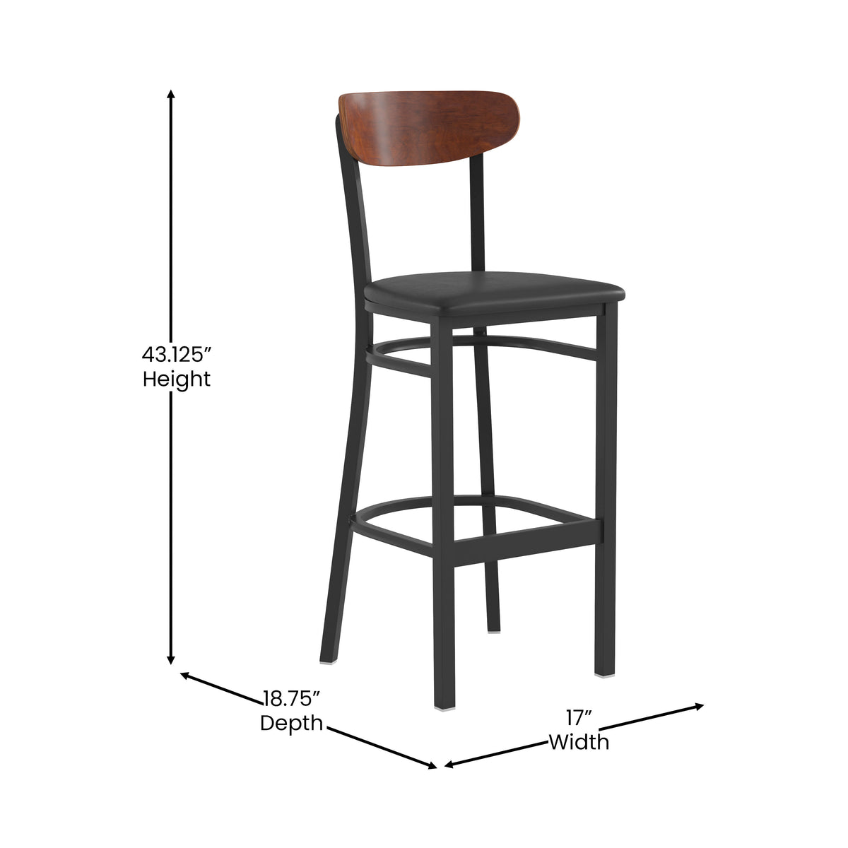 Walnut Wood Back/Black Vinyl Seat |#| Commercial Metal Barstool with Vinyl Seat and Wood Boomerang Back-Black/Walnut