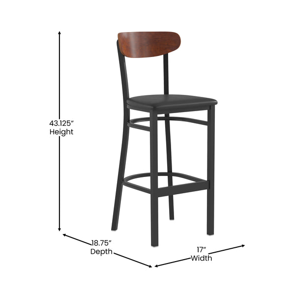 Walnut Wood Back/Black Vinyl Seat |#| Commercial Metal Barstool with Vinyl Seat and Wood Boomerang Back-Black/Walnut