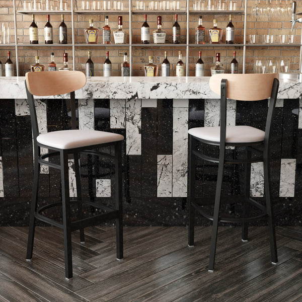 Natural Birch Wood Back/Gray Vinyl Seat |#| Commercial Metal Barstool with Vinyl Seat and Wood Boomerang Back-Gray/Natural