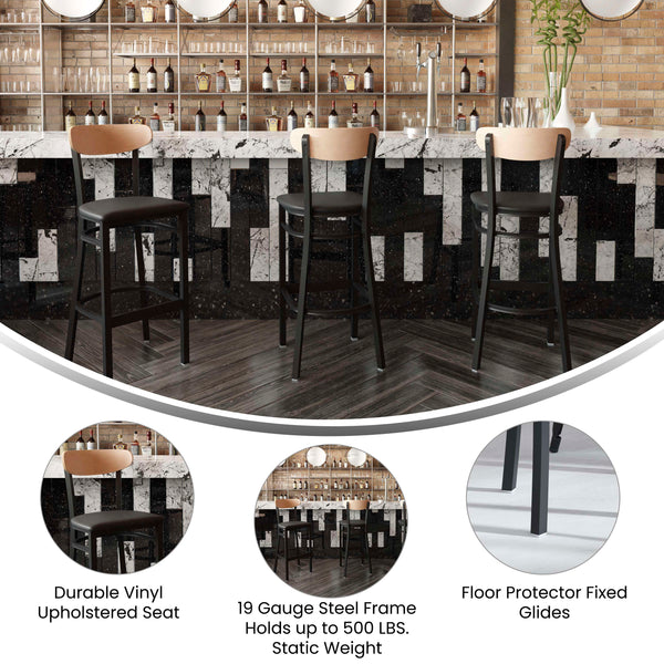 Natural Birch Wood Back/Black Vinyl Seat |#| Commercial Metal Barstool with Vinyl Seat and Wood Boomerang Back-Black/Natural