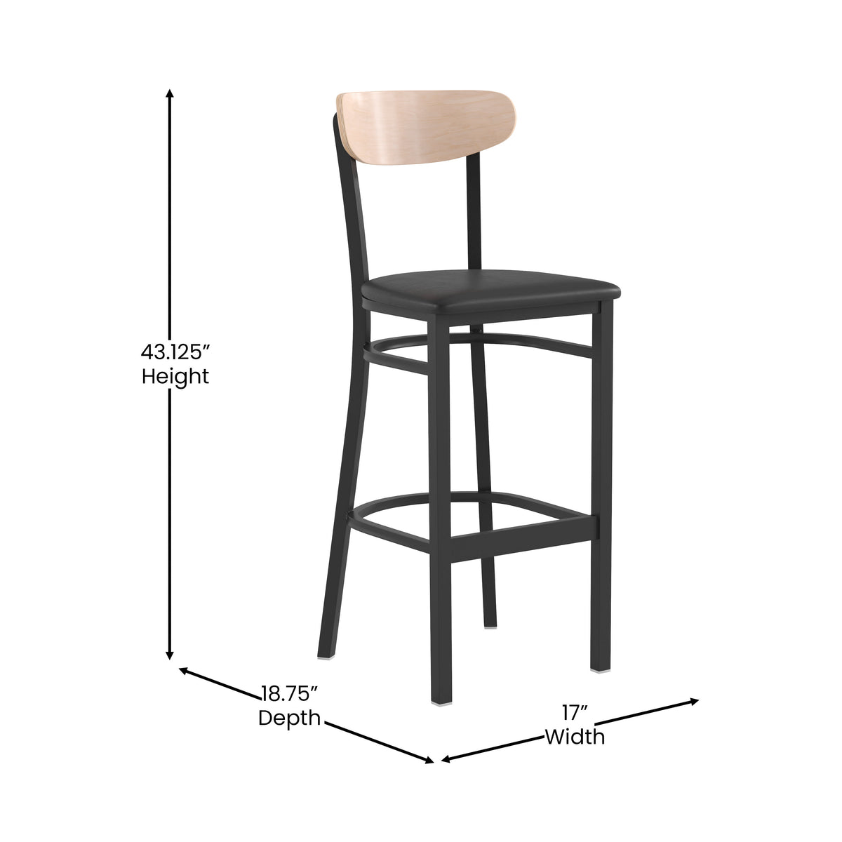 Natural Birch Wood Back/Black Vinyl Seat |#| Commercial Metal Barstool with Vinyl Seat and Wood Boomerang Back-Black/Natural