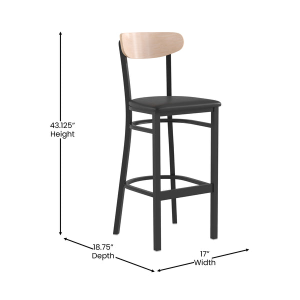 Natural Birch Wood Back/Black Vinyl Seat |#| Commercial Metal Barstool with Vinyl Seat and Wood Boomerang Back-Black/Natural
