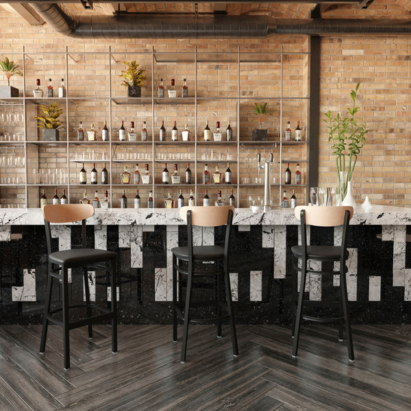 Natural Birch Wood Back/Black Vinyl Seat |#| Commercial Metal Barstool with Vinyl Seat and Wood Boomerang Back-Black/Natural