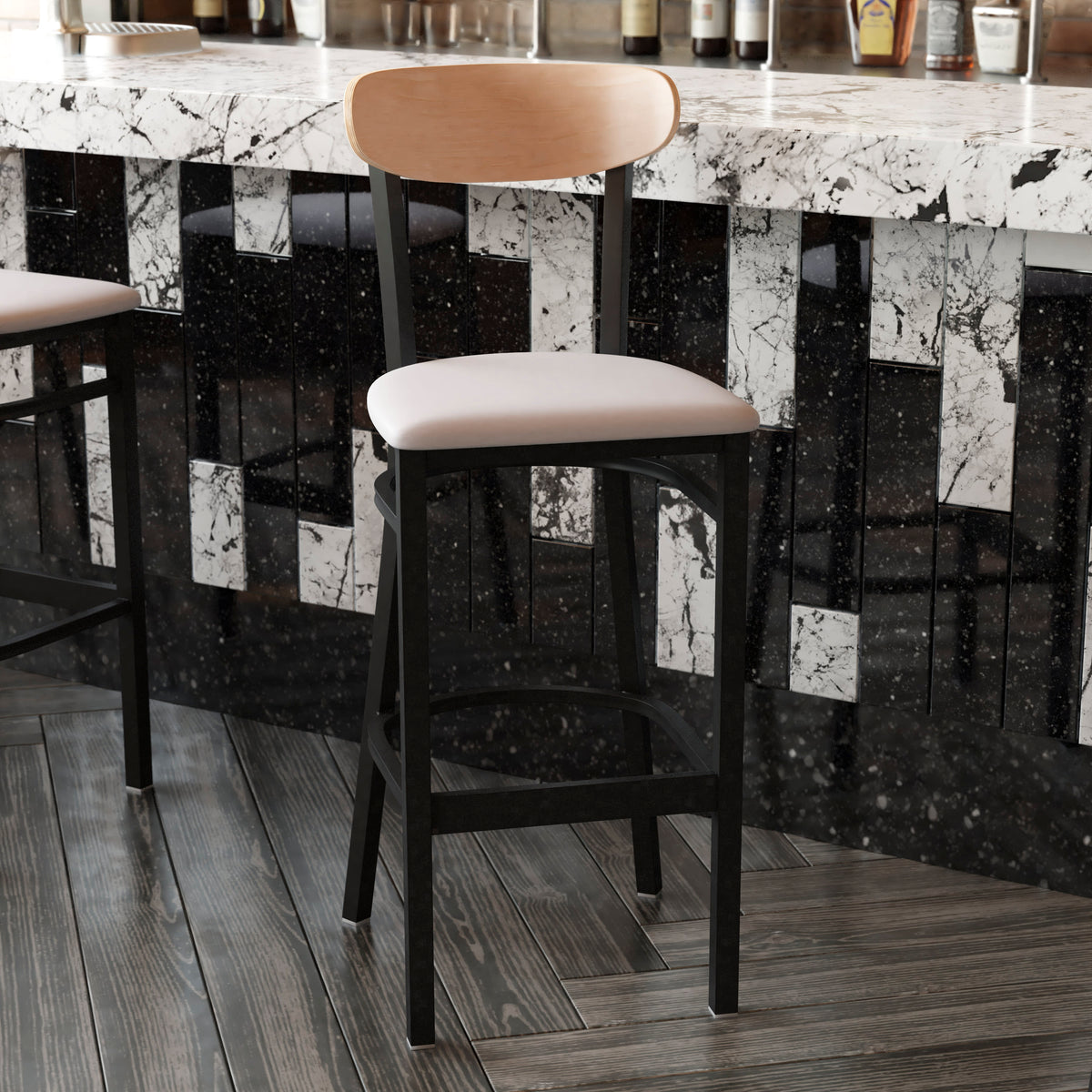 Natural Birch Wood Back/Gray Vinyl Seat |#| Commercial Metal Barstool with Vinyl Seat and Wood Boomerang Back-Gray/Natural