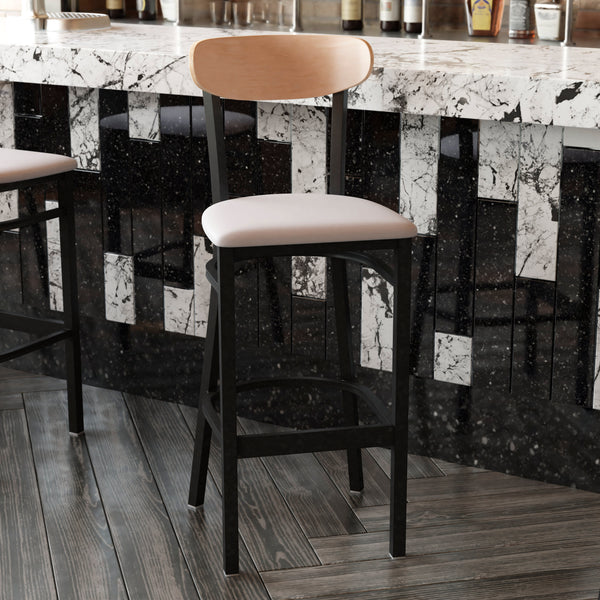 Natural Birch Wood Back/Gray Vinyl Seat |#| Commercial Metal Barstool with Vinyl Seat and Wood Boomerang Back-Gray/Natural