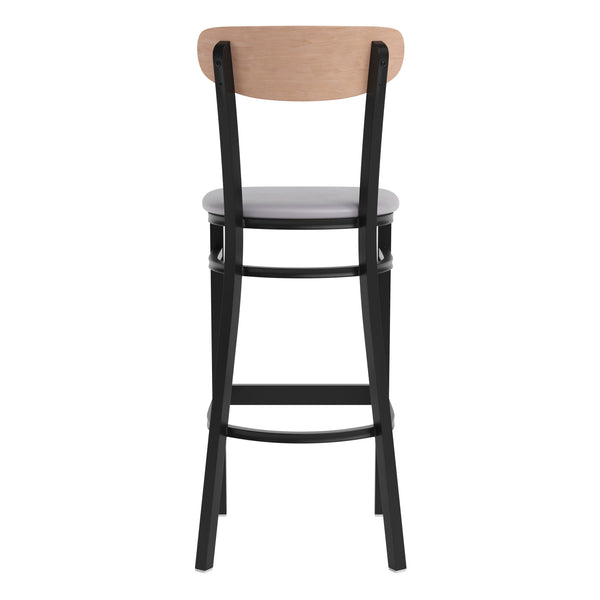 Natural Birch Wood Back/Gray Vinyl Seat |#| Commercial Metal Barstool with Vinyl Seat and Wood Boomerang Back-Gray/Natural