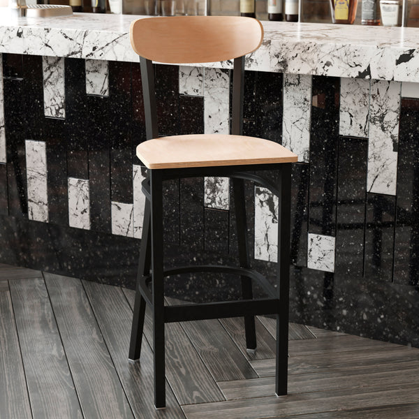 Natural Birch |#| Commercial Metal Barstool with Wood Seat and Boomerang Back-Natural Birch Finish