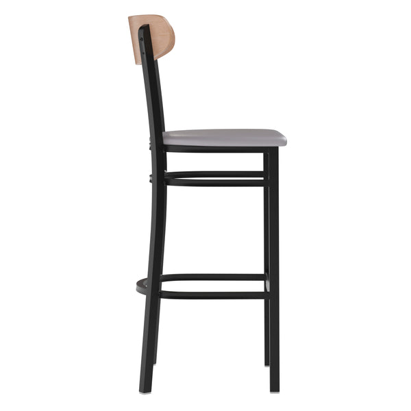 Natural Birch Wood Back/Gray Vinyl Seat |#| Commercial Metal Barstool with Vinyl Seat and Wood Boomerang Back-Gray/Natural