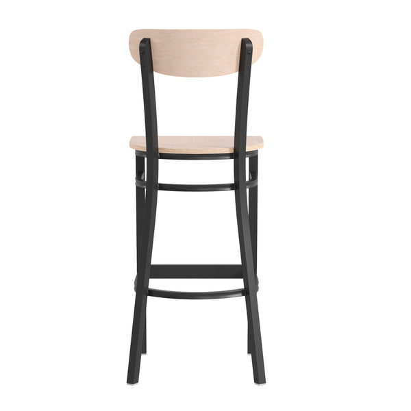 Natural Birch |#| Commercial Metal Barstool with Wood Seat and Boomerang Back-Natural Birch Finish