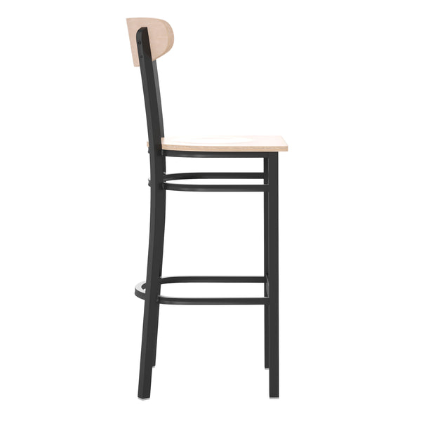 Natural Birch |#| Commercial Metal Barstool with Wood Seat and Boomerang Back-Natural Birch Finish
