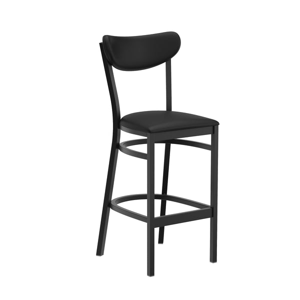 Black Vinyl Back/Black Vinyl Seat |#| Commercial Metal Barstool with Vinyl Seat and Boomerang Back-Black Finish