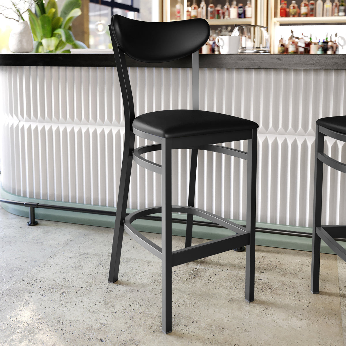 Black Vinyl Back/Black Vinyl Seat |#| Commercial Metal Barstool with Vinyl Seat and Boomerang Back-Black Finish