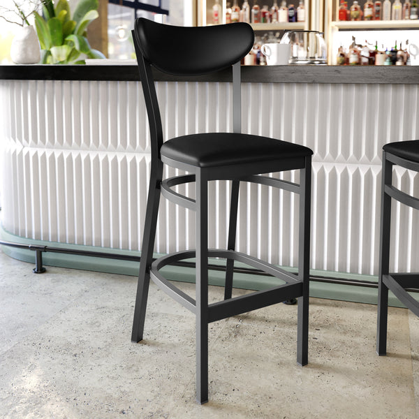 Black Vinyl Back/Black Vinyl Seat |#| Commercial Metal Barstool with Vinyl Seat and Boomerang Back-Black Finish
