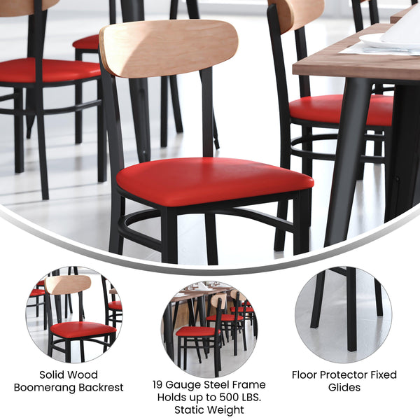 Natural Birch Wood Back/Red Vinyl Seat |#| Commercial Metal Dining Chair - Vinyl Seat and Wood Boomerang Back-Red/Natural