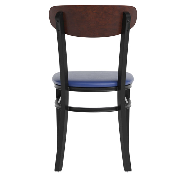 Walnut Wood Back/Blue Vinyl Seat |#| Commercial Metal Dining Chair - Vinyl Seat and Wood Boomerang Back-Blue/Walnut