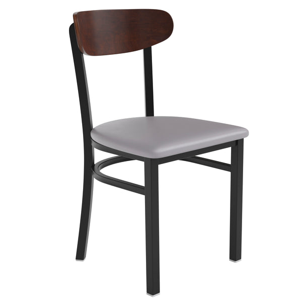 Walnut Wood Back/Gray Vinyl Seat |#| Commercial Metal Dining Chair - Vinyl Seat - Wood Boomerang Back-Gray/Walnut
