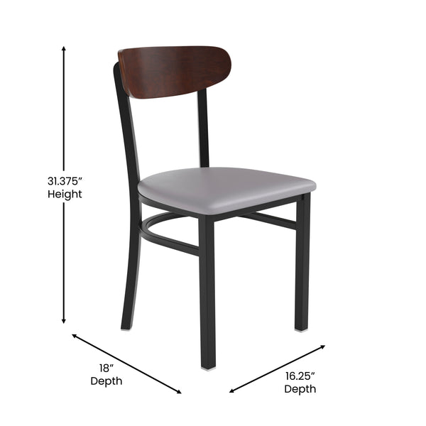 Walnut Wood Back/Gray Vinyl Seat |#| Commercial Metal Dining Chair - Vinyl Seat - Wood Boomerang Back-Gray/Walnut