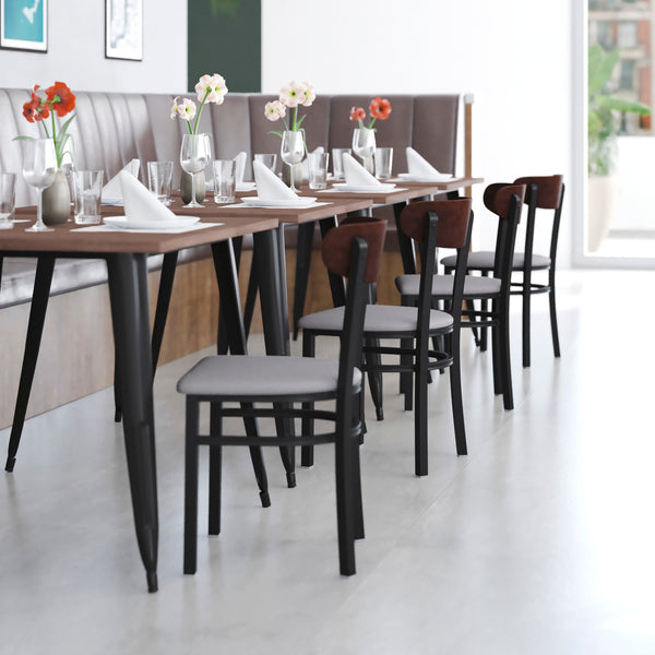 Walnut Wood Back/Gray Vinyl Seat |#| Commercial Metal Dining Chair - Vinyl Seat - Wood Boomerang Back-Gray/Walnut