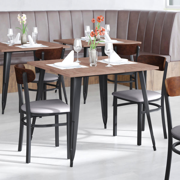 Walnut Wood Back/Gray Vinyl Seat |#| Commercial Metal Dining Chair - Vinyl Seat - Wood Boomerang Back-Gray/Walnut