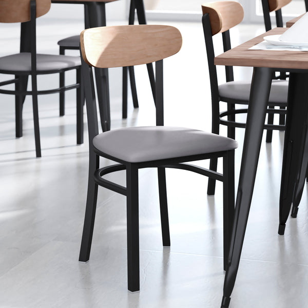 Natural Birch Wood Back/Gray Vinyl Seat |#| Commercial Metal Dining Chair - Vinyl Seat and Wood Boomerang Back-Gray/Natural