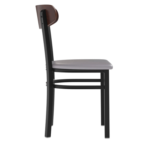 Walnut Wood Back/Gray Vinyl Seat |#| Commercial Metal Dining Chair - Vinyl Seat - Wood Boomerang Back-Gray/Walnut