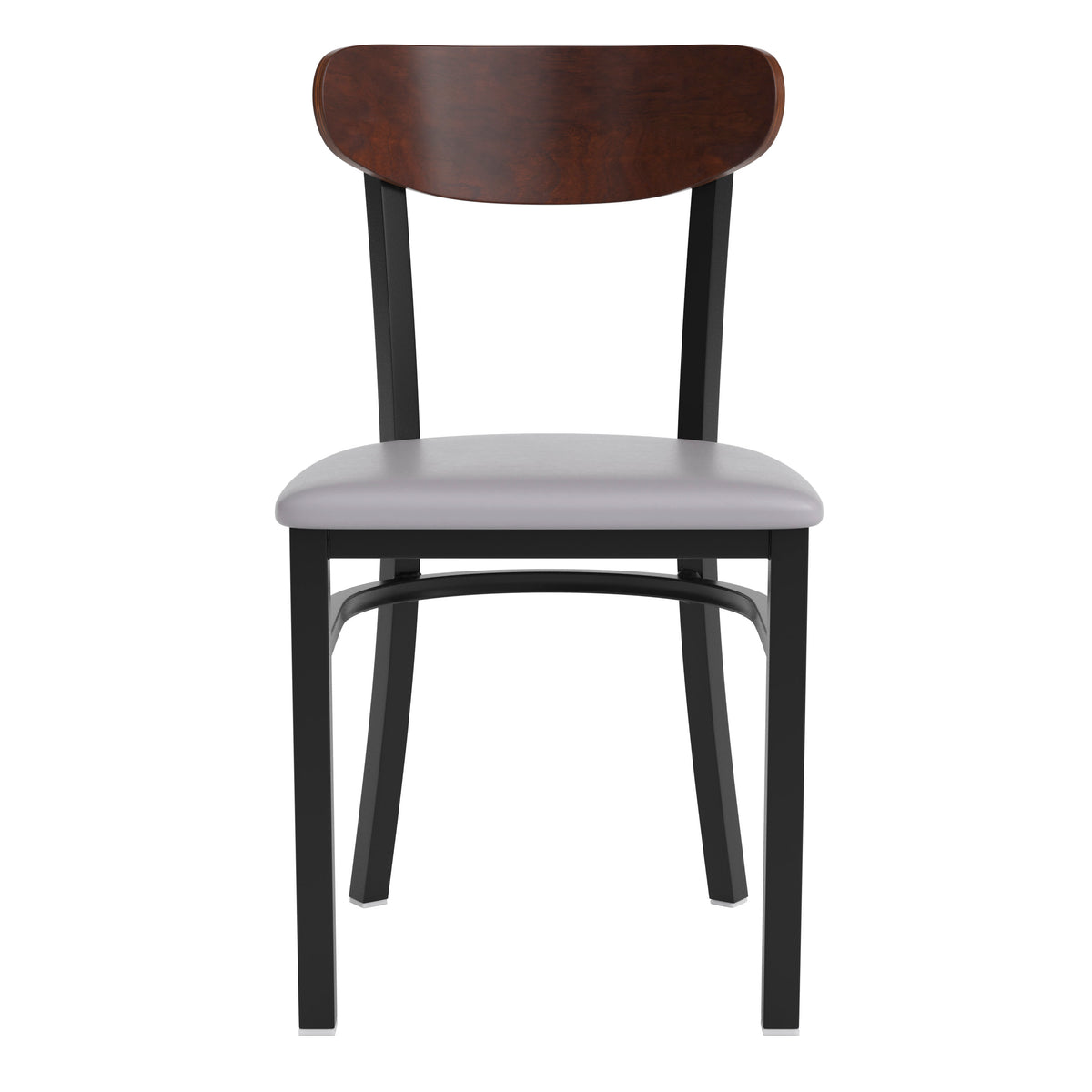 Walnut Wood Back/Gray Vinyl Seat |#| Commercial Metal Dining Chair - Vinyl Seat - Wood Boomerang Back-Gray/Walnut